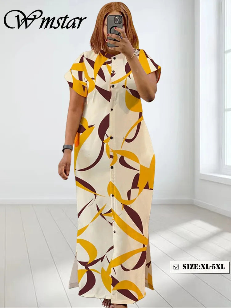 Women's Plus Size Printed Maxi Dress – Bodycon Button Party Dress