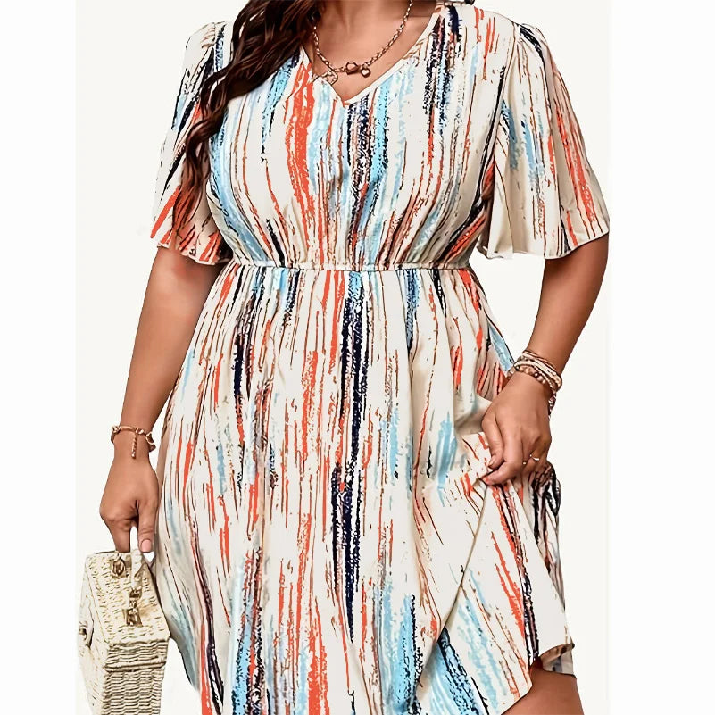Women's Plus Size Striped V-Neck Dress – Casual Elastic Waist Resort Dress