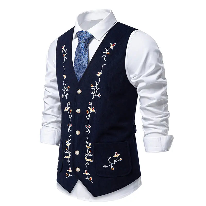 Men's Slim Fit Embroidered Suit Vest – Smart Casual Waistcoat