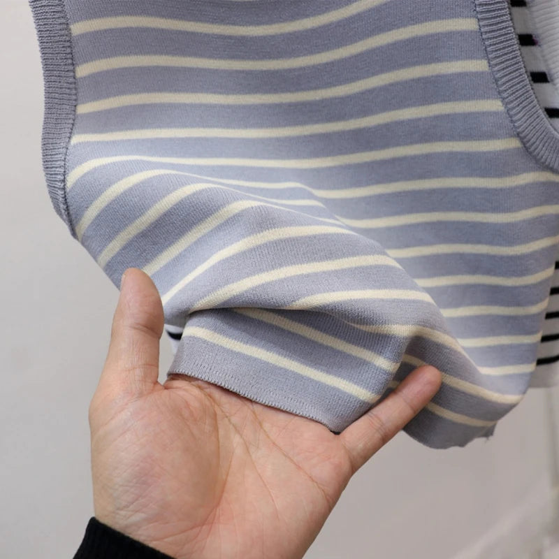Women's Striped Ice Silk Knit Crop Top – Slim Fit Sleeveless Camisole
