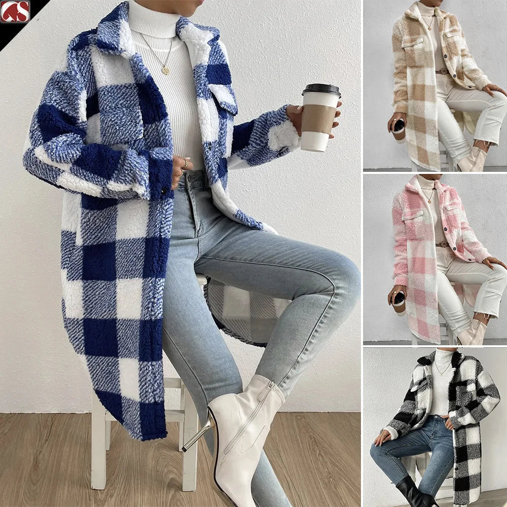 Women's Long Plaid Fleece Trench Coat – Oversized Button Pocket Winter Coat