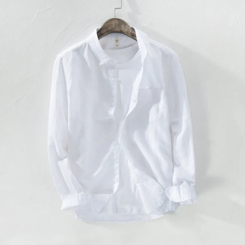 white men's cotton linen long sleeve button-down shirt with turn down collar