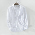 white men's cotton linen long sleeve button-down shirt with turn down collar