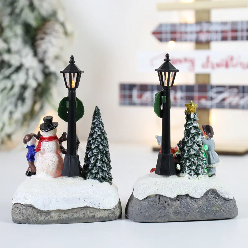 Christmas Village Scene LED Resin Ornament – Snowman Street Lamp Holiday Figurine
