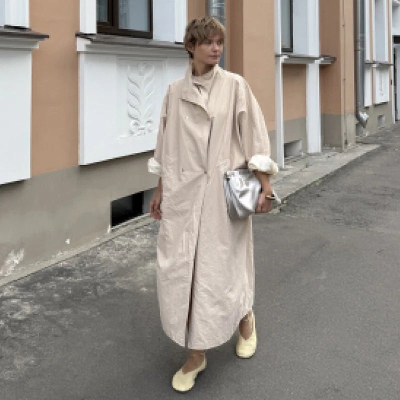 Women's Oversized Maxi Trench Coat – Dolman Sleeve Snap Button Outerwear