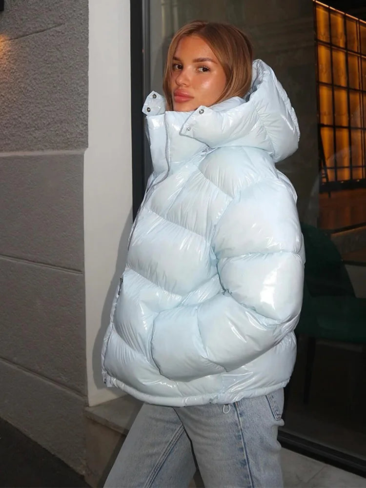 Women's Glossy Hooded Padded Coat – Loose Zip Winter Outwear