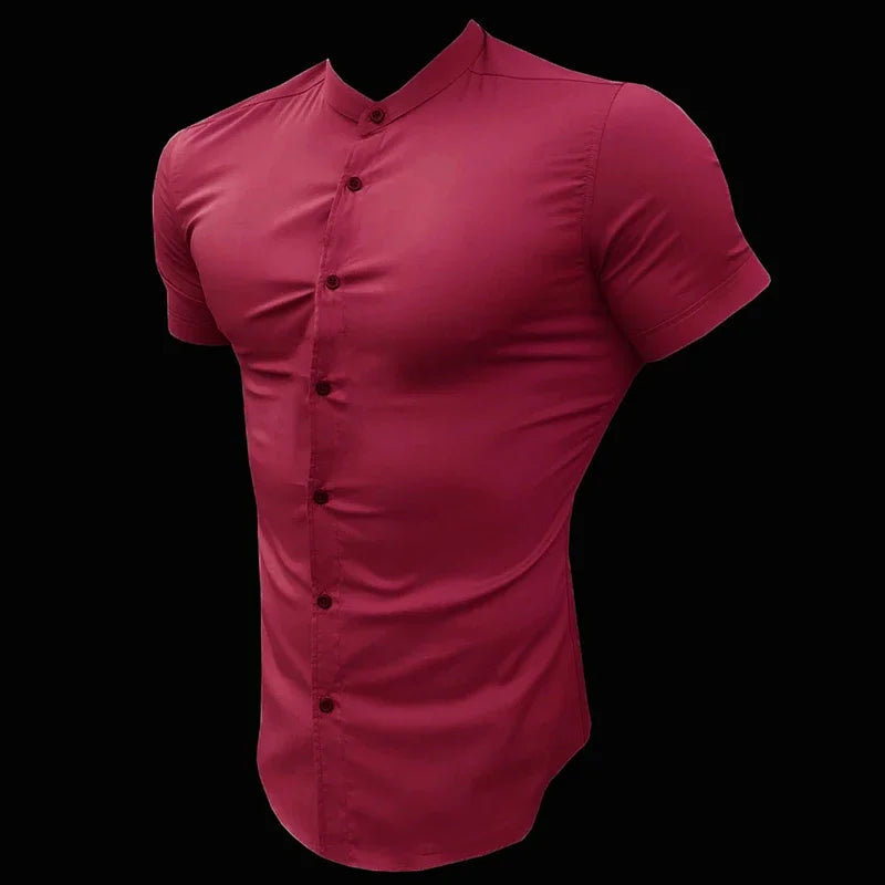 Men's Slim Fit Short Sleeve Dress Shirt – Broadcloth Stand Collar for Business, Gym & Casual Wear (M–XXL)