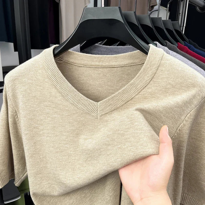 Men's V-Neck Knit Pullover – Soft Thin Short Sleeve Sweater for Business & Casual Wear (M–4XL)
