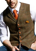 Men's Plaid Wool Herringbone Suit Vest – Tweed Waistcoat for Wedding & Business