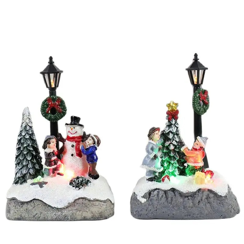 Christmas Village Scene LED Resin Ornament – Snowman Street Lamp Holiday Figurine