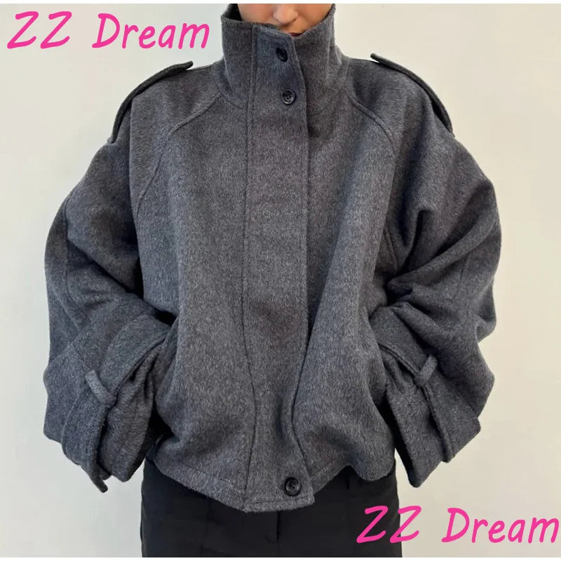 Women's Short Woolen Zip Jacket – Loose Stand Collar Outwear 2025