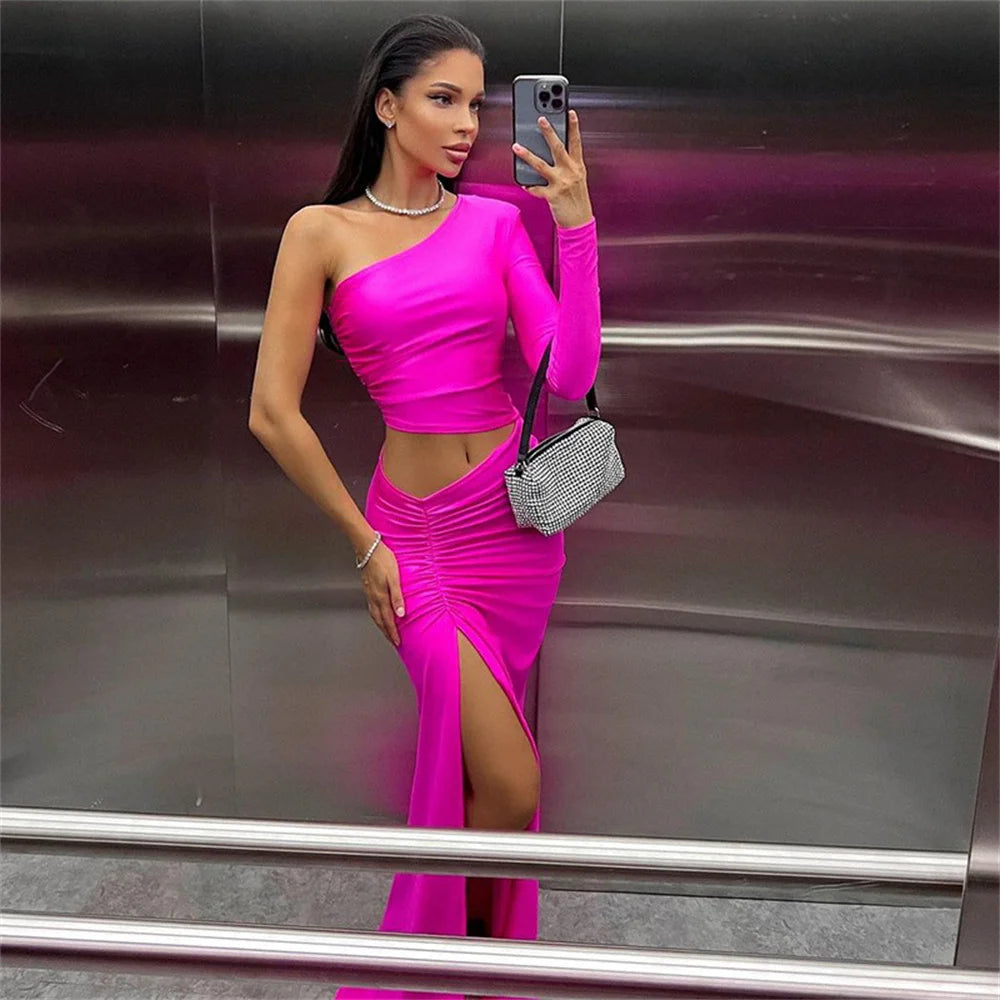Women's One Shoulder Ruche Maxi Dress – Elegant Party Prom Gown