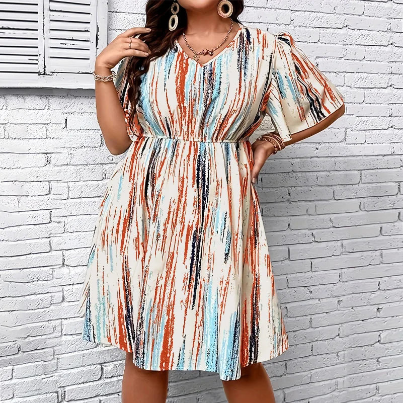 Women's Plus Size Striped V-Neck Dress – Casual Elastic Waist Resort Dress