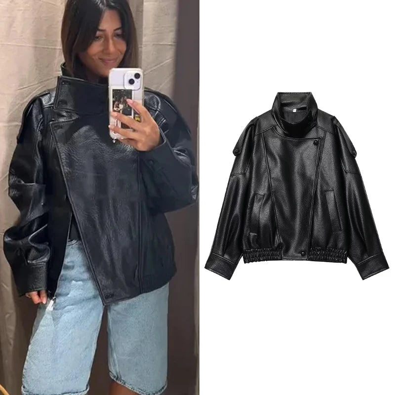 Women's Faux Leather Jacket-Long sleeve