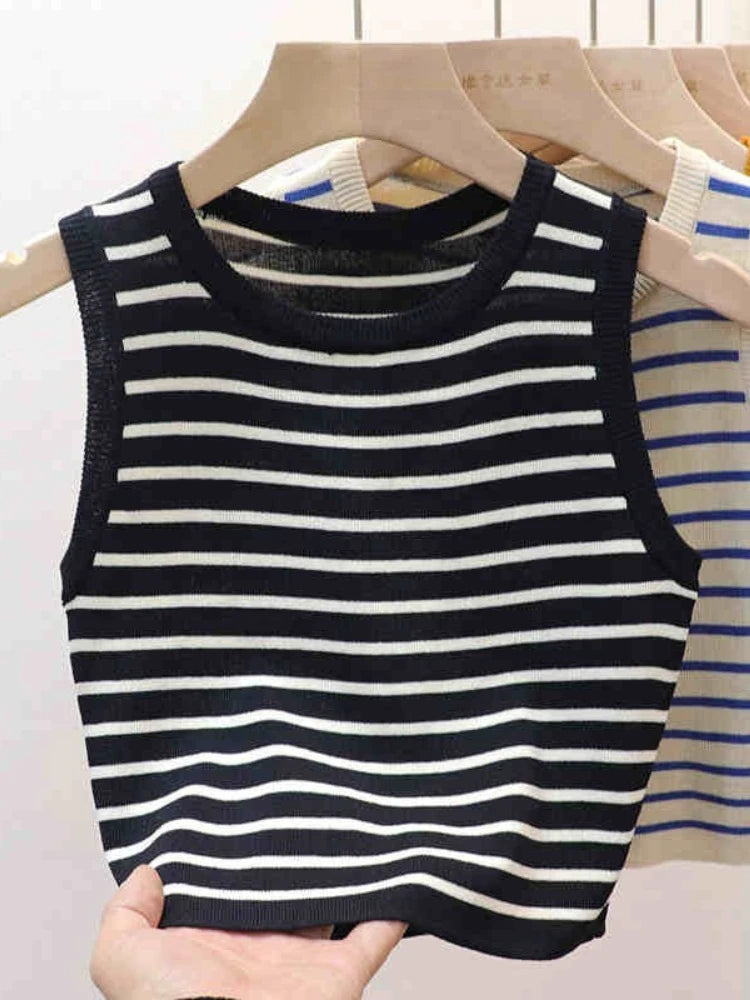 Women's Striped Ice Silk Knit Crop Top – Slim Fit Sleeveless Camisole