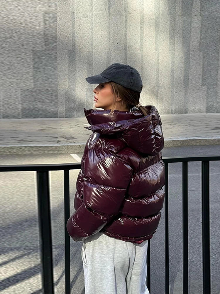 Women's Glossy Hooded Padded Coat – Loose Zip Winter Outwear