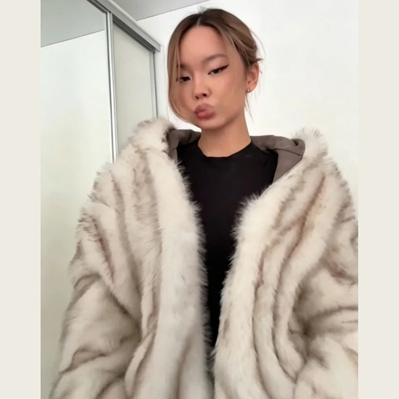 Women's Reversible Faux Fur Hooded Puffer Coat – Oversized Batwing Winter Jacket