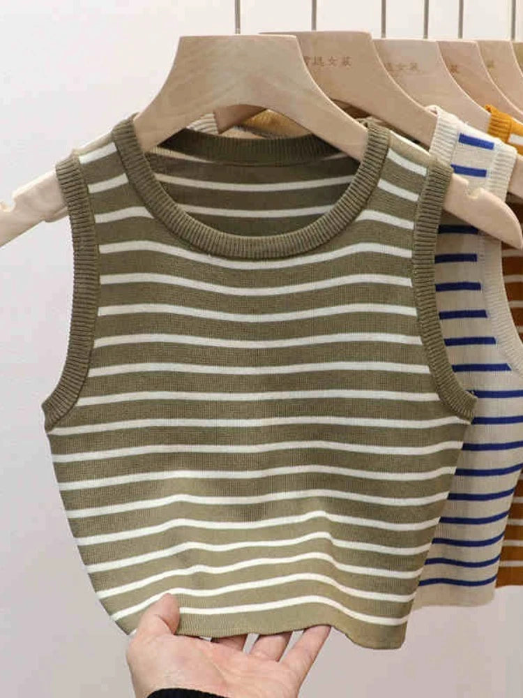 Women's Striped Ice Silk Knit Crop Top – Slim Fit Sleeveless Camisole