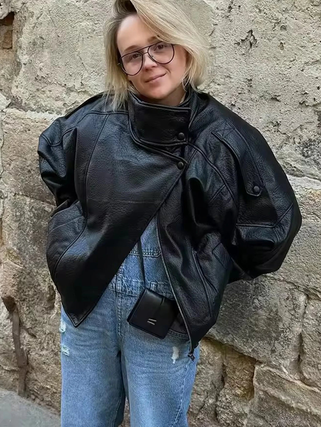 Women's Faux Leather Jacket-Long sleeve