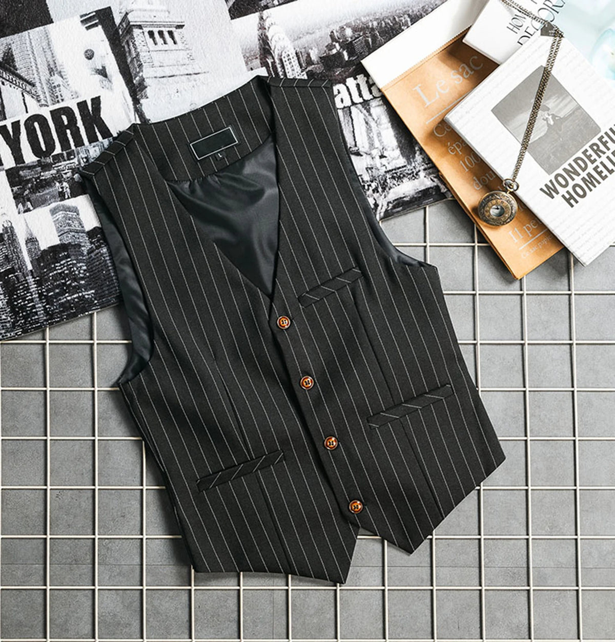 Men's 1920s Gangster Striped Suit Vest – Slim Fit Formal Waistcoat