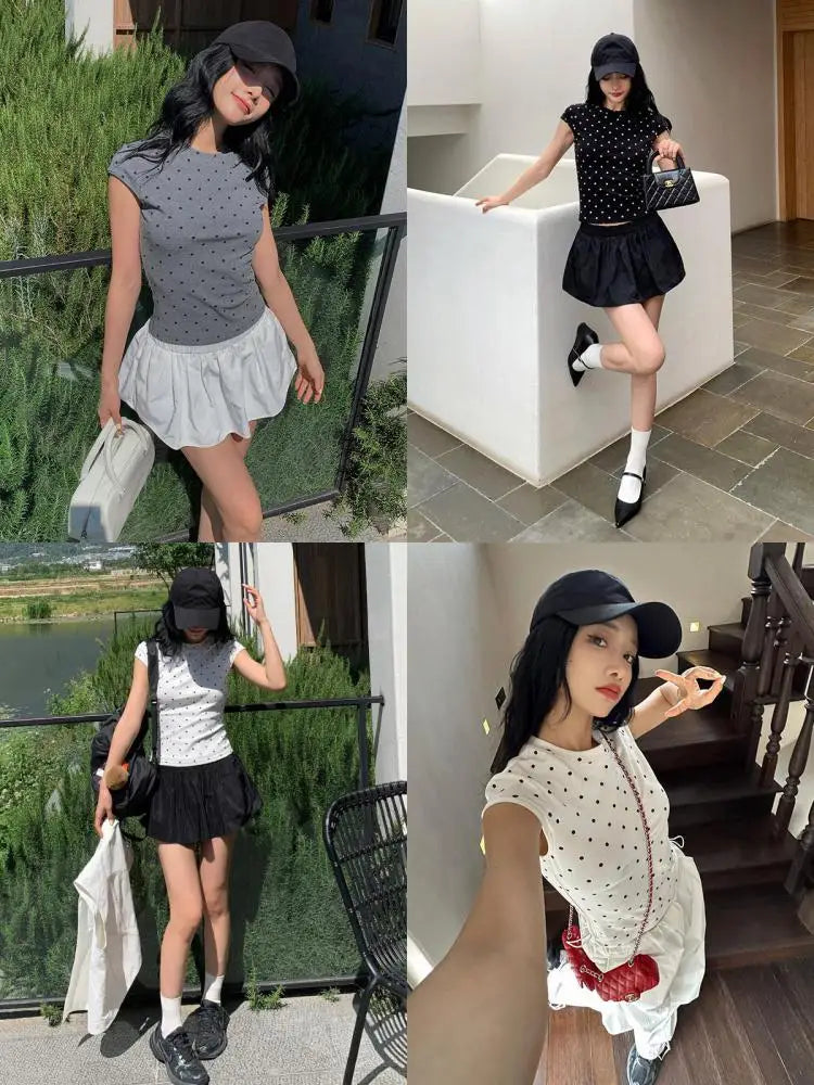 Women's Polka Dot Slim T-Shirt – Korean Vintage Y2K Streetwear Top