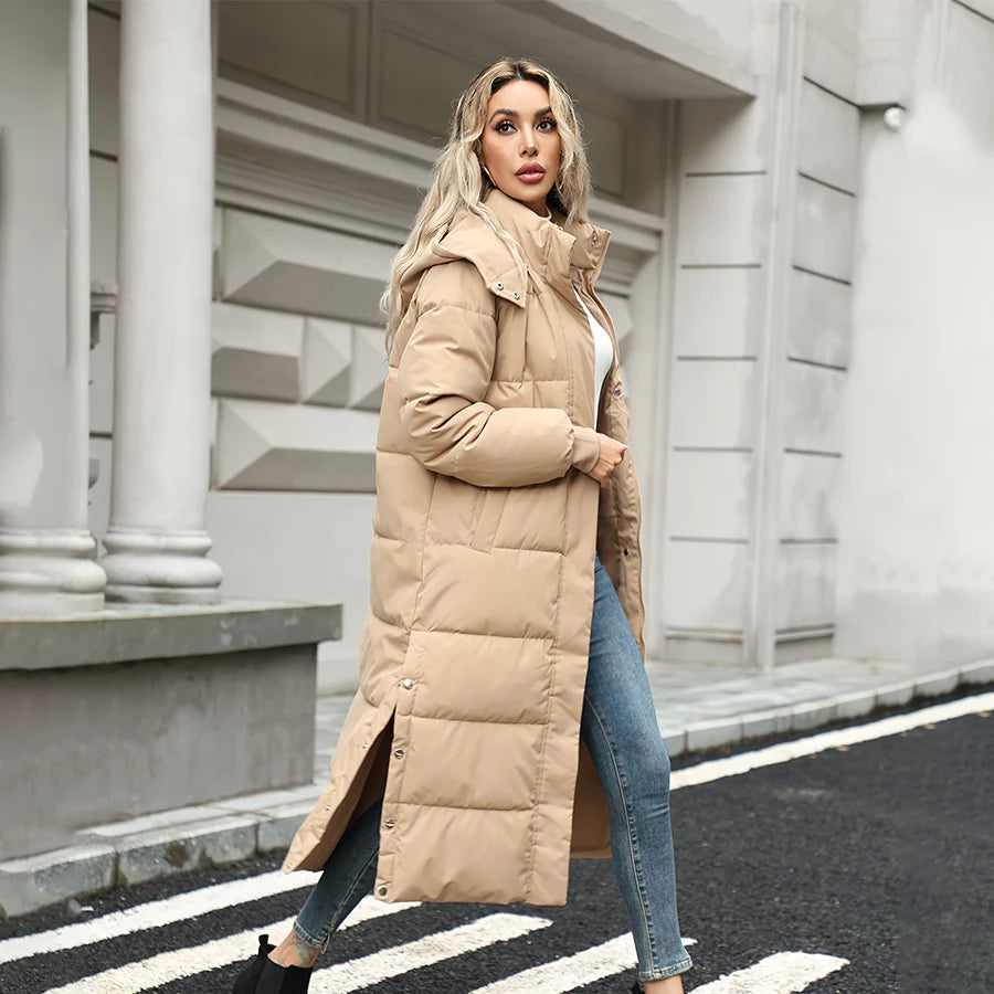 Women's Hooded Long Zip Coat – Elegant Full-Zip Winter Outerwear