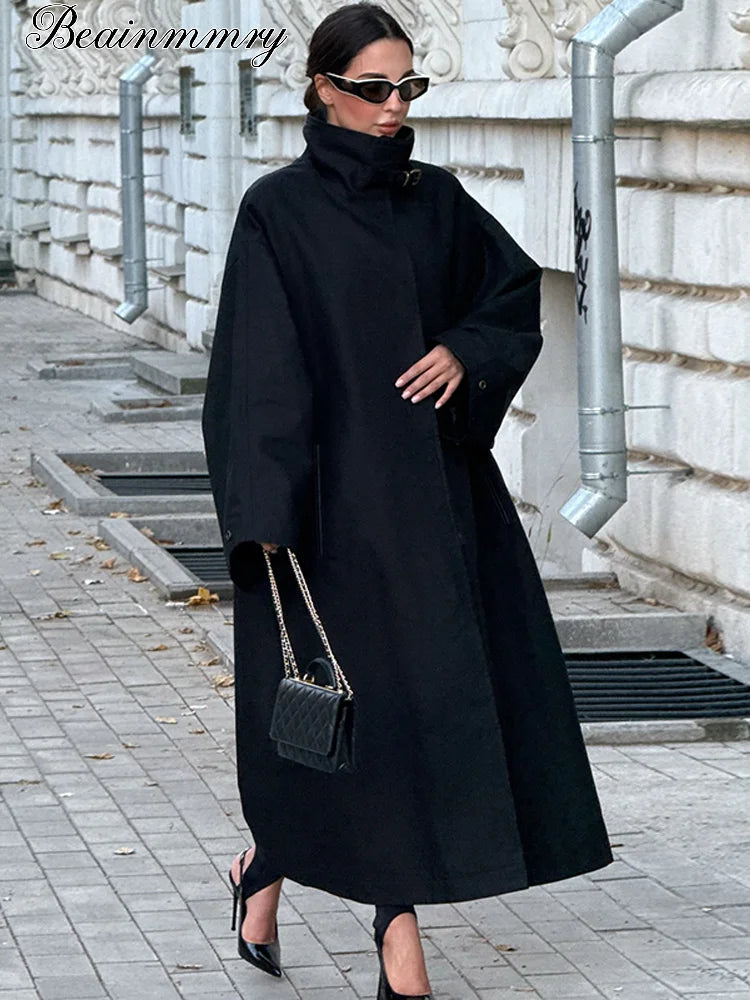 Women's Long Black Windbreaker Trench Coat – Loose Stand Collar Outwear