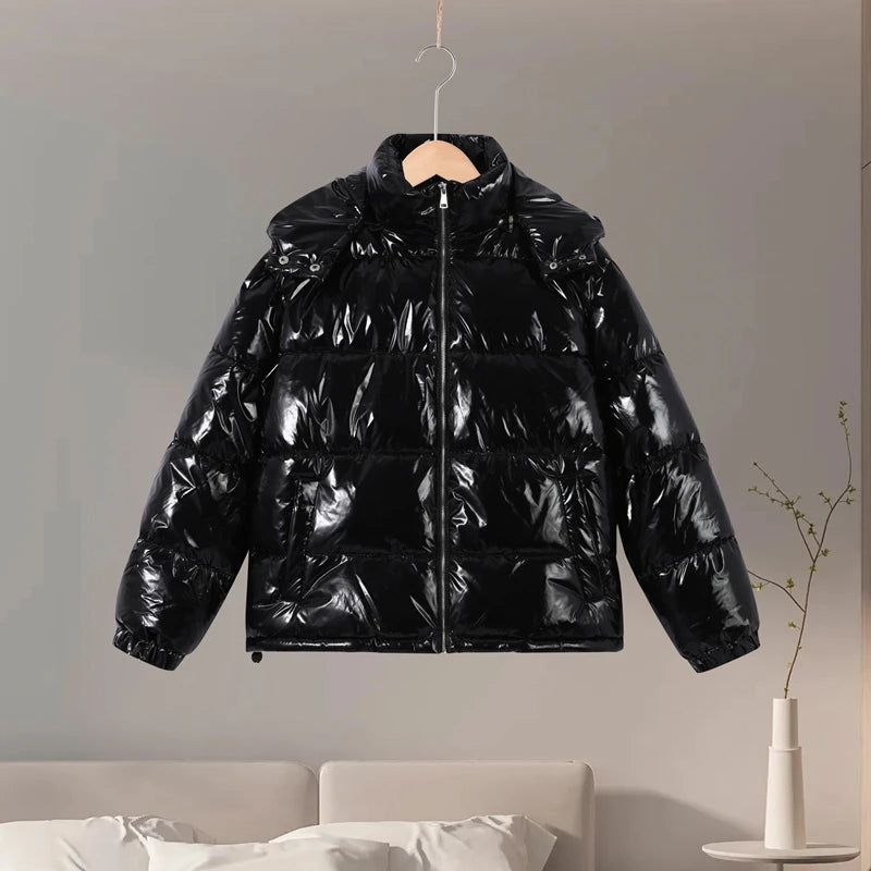Women's Glossy Hooded Padded Coat – Loose Zip Winter Outwear