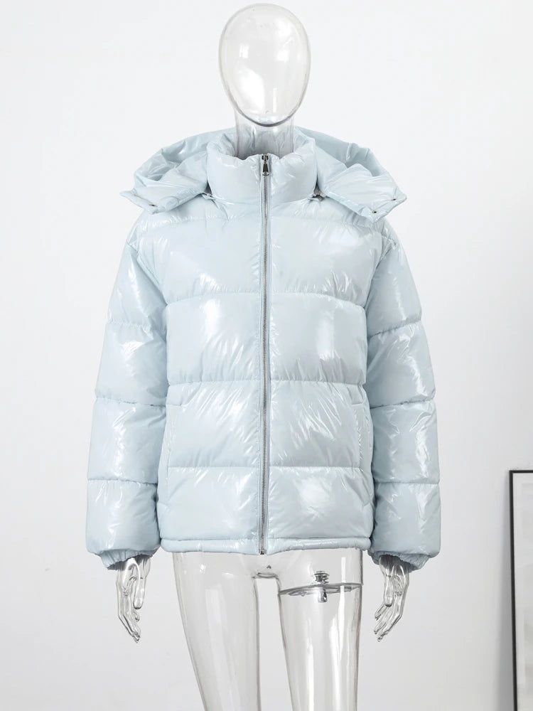 Women's Glossy Hooded Padded Coat – Loose Zip Winter Outwear