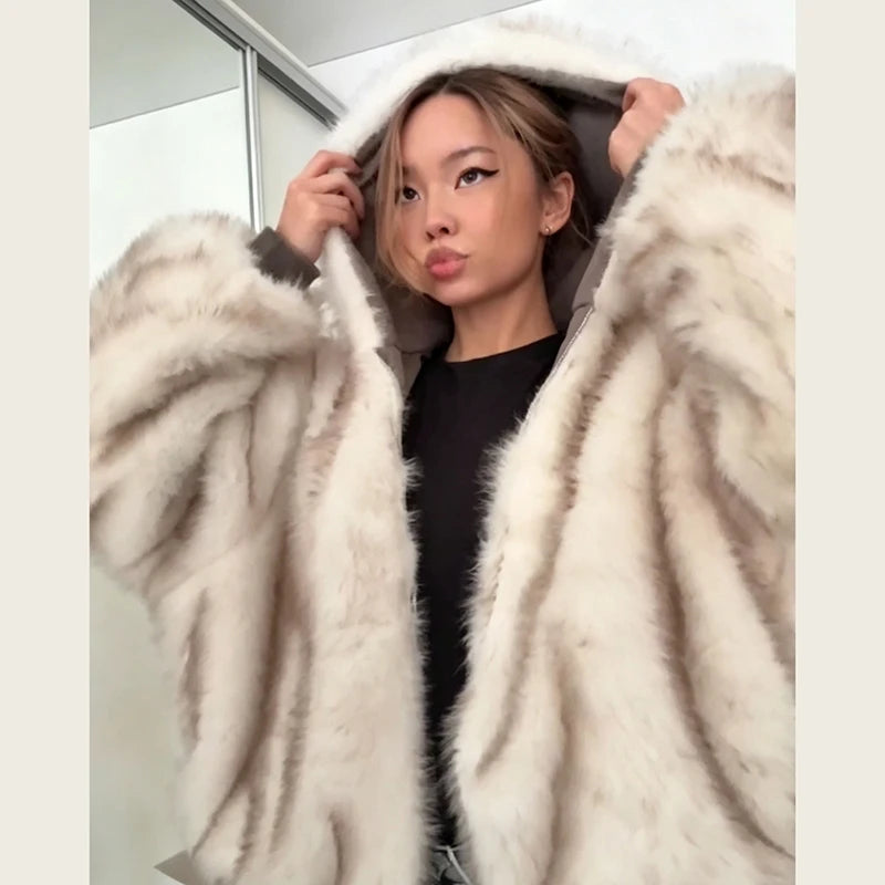 Women's Reversible Faux Fur Hooded Puffer Coat – Oversized Batwing Winter Jacket