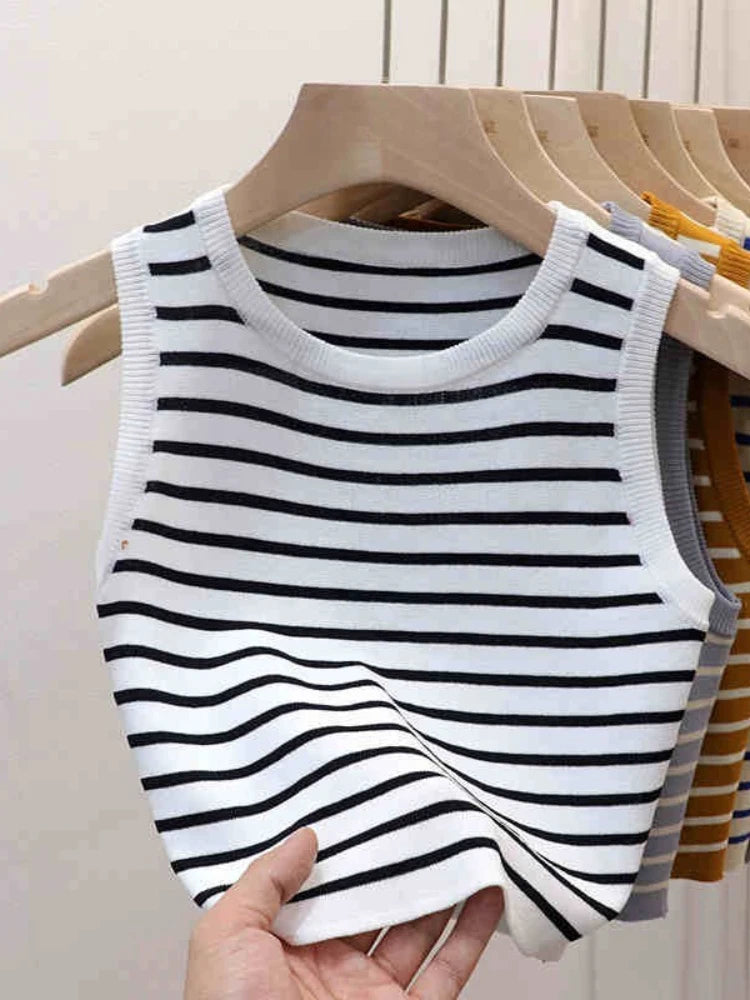 Women's Striped Ice Silk Knit Crop Top – Slim Fit Sleeveless Camisole