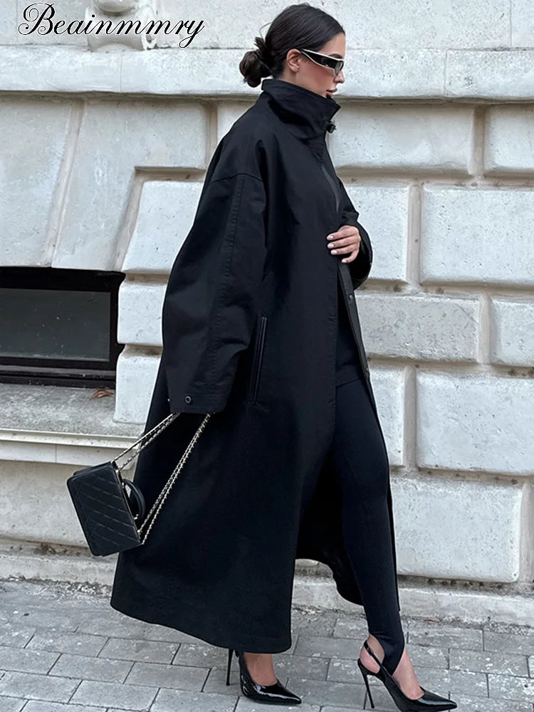 Women's Long Black Windbreaker Trench Coat – Loose Stand Collar Outwear