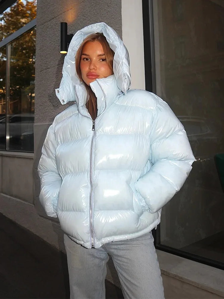 Women's Glossy Hooded Padded Coat – Loose Zip Winter Outwear