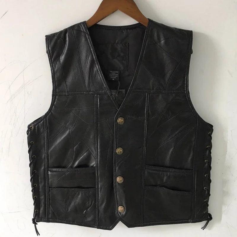 Men's Leather Motorcycle Vest – Side Lace Adjustable Biker Vest in Soft Sheepskin (S–4XL)