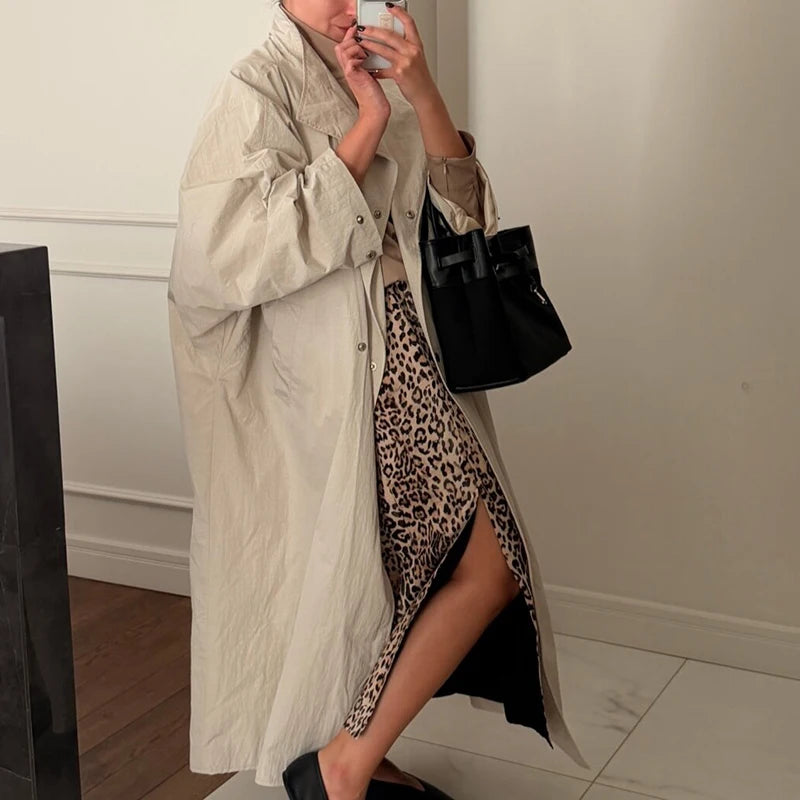 Women's Oversized Maxi Trench Coat – Dolman Sleeve Snap Button Outerwear