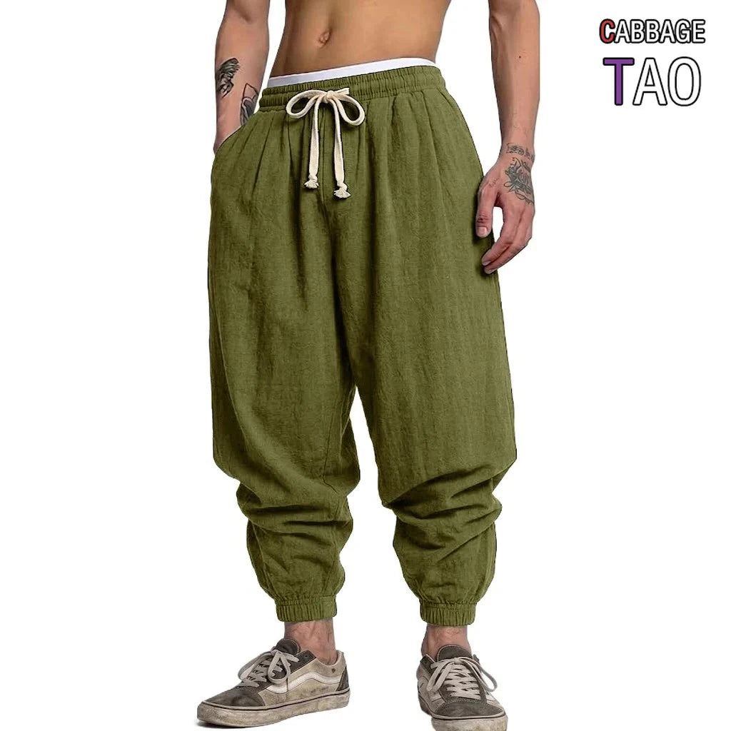 Men's Linen Harem Drawstring Trousers – Baggy Sweatpants for Yoga & Daily Commute
