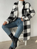 Women's Long Plaid Fleece Trench Coat – Oversized Button Pocket Winter Coat