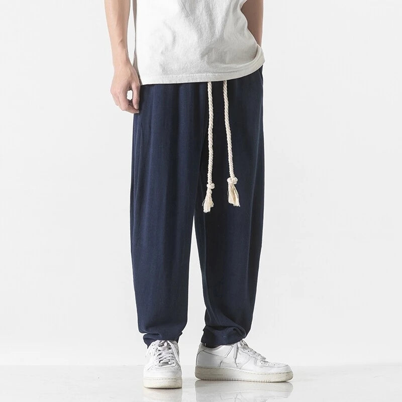 Men's Cotton Linen Harem Pants – Breathable Loose Fit Ankle-Length Streetwear Trousers